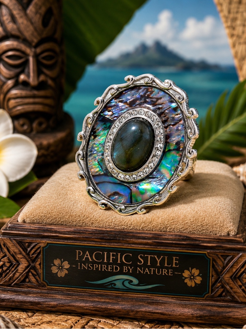 Pacific Heritage Collection Abalone Shell, Labrodorite,White Zircon ring size 10